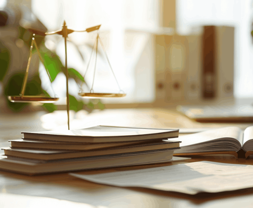 Waga sprawiedliwości i książki – formalności sądowe