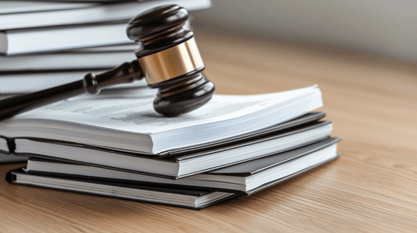 Młotek sędziowski na książkach – sprawy sądowe i dokumenty